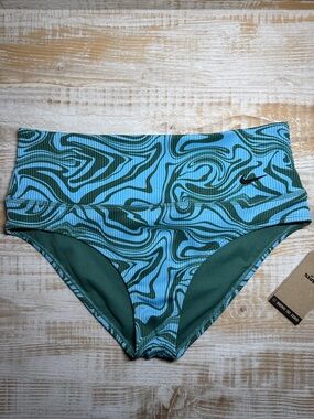 Nike Teal and Forest Green Swirl High-Waist Bikini Bottoms in Women’s Size Large